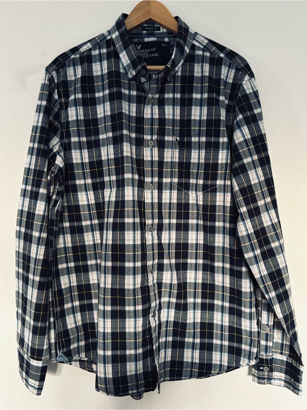 American Eagle Outfitters Navy, White & Blue Plaid Button-Down Shirt